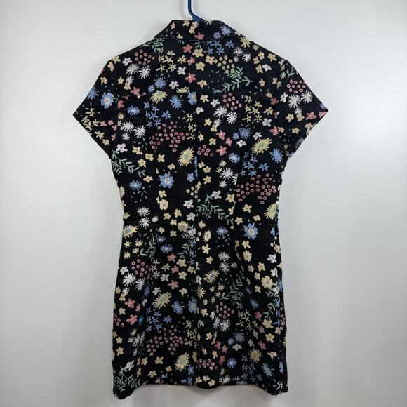 Storia New Black Floral Tapestry Mini Dress Medium Full Snap Dark Floral Retro - Picture 12 of 13
